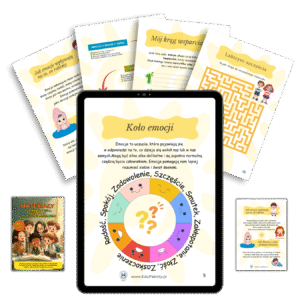 Radzenie sobie z emocjami – Materiały dla nauczyciela, pedagoga i psychologa szkolnego” Część 2 – Wiek 4–12, karty pracy rozłożone na stole