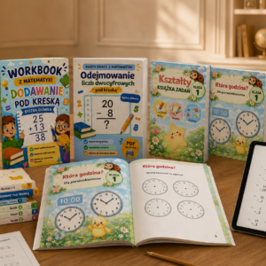 EduPakiety — zestaw workbooków, kart pracy i materiałów edukacyjnych dla klas 1–3. Wspiera naukę matematyki, języka angielskiego, dodawania, odejmowania, kształtów, zegara, samogłosek i spółgłosek w szkole, domu i edukacji domowej.